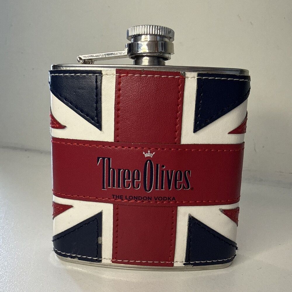 Three Olives Stainless Steel Hip Flask Union Jack Flag Print Red White Blue